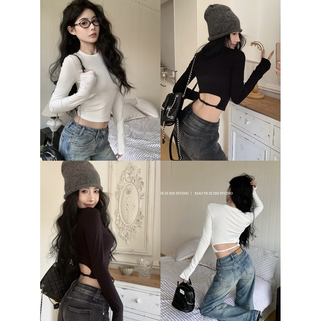 Liasynn ต้นฤดูใบไม้ร่วงสาวร้อนสไตล์ Hollow ด้านในกระชับ Bottoming เสื้อผู้หญิง Slim-fit สั้นแขนยาว Waistless เสื้อยืด Top Bottoming เสื้อยืด Bo