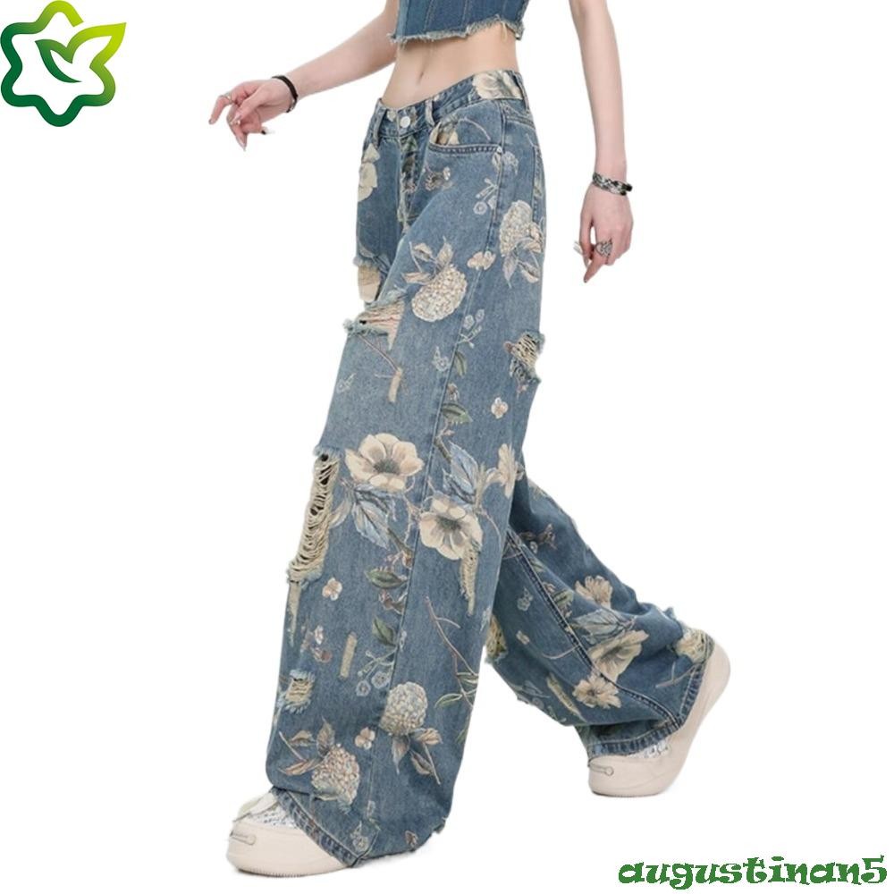 Augustinan กางเกงยีนส์ผู้หญิง Y2K, ดอกไม้ Ins กางเกงยีนส์ตรง, Elegant Ripped Baggy หลวมหักกางเกงกลวง