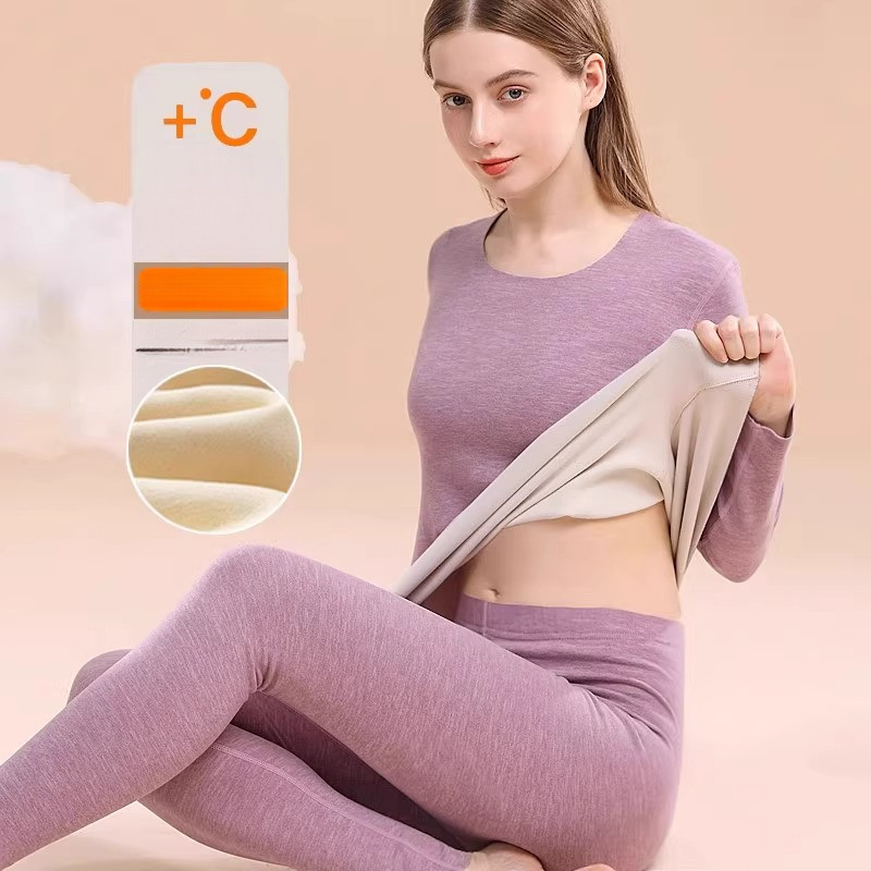 เสื้อแขนยาว ฮีทเทค ชุดชั้นในกันความร้อนเสื้อผ้าฤดูใบไม้ร่วงผู้หญิงหนาพิเศษบุขนกำมะหยี่ชุดกางเกงฤดูใบไม้ร่วงเสื้อตัวในไซส์ใหญ่เสื้อไหมพรมผ้าฝ้ายแท้