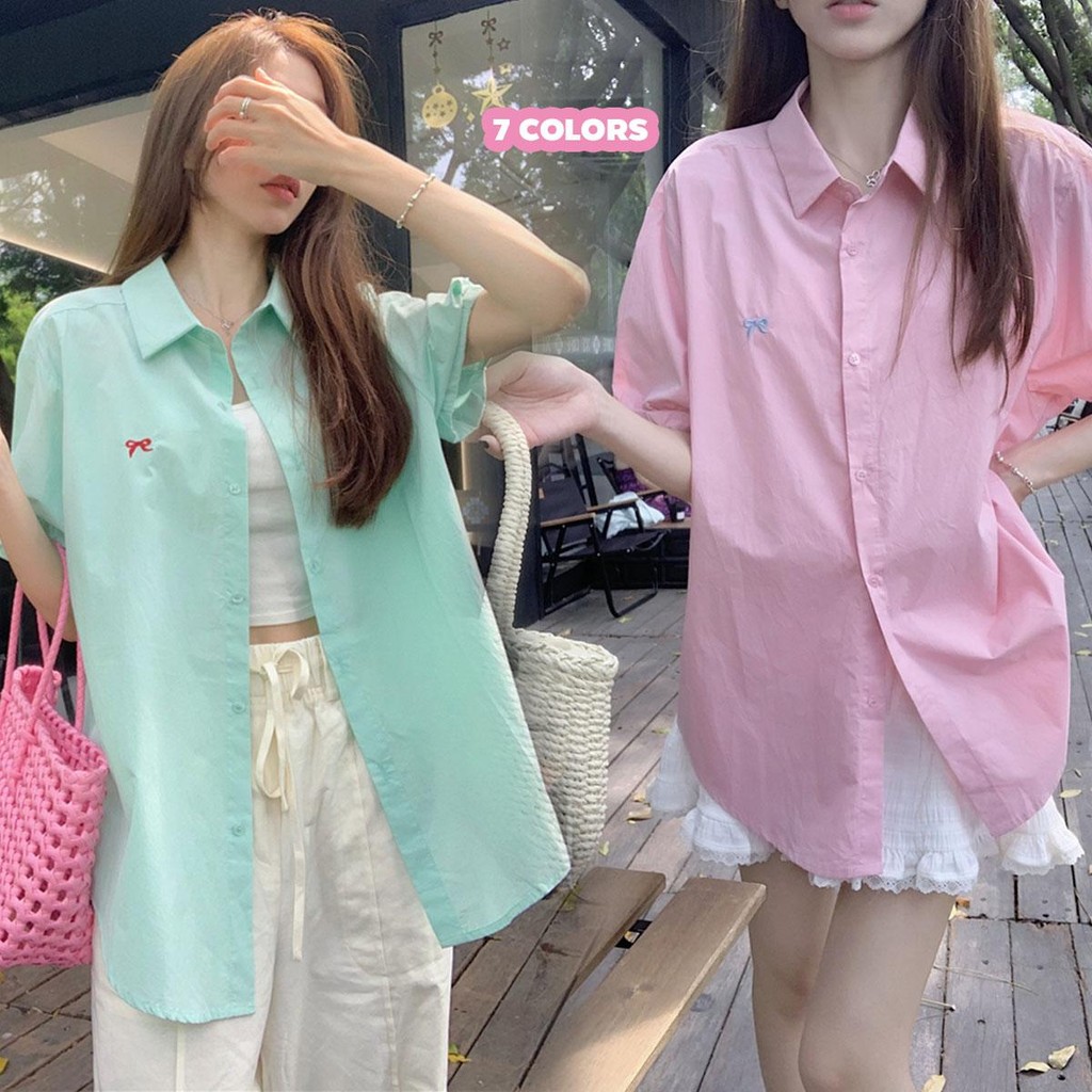KOKO#เสื้อเชิ้ตปักโบว์ เสื้อแขนสั้นคอปกโปโลสีลูกกวาดฤดูร้อน แฟชั่นสไตล์เกาหลี เสื้อหวานและน่ารัก#W433
