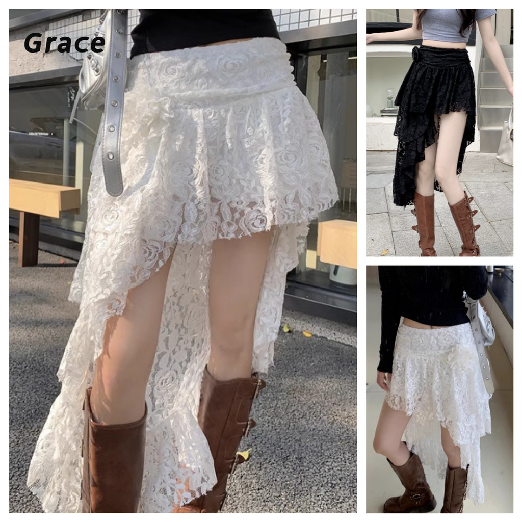 【Grace】ผู้หญิง วินเทจกระโปรงเอวสูงเกาหลีสามมิติ ดอกไม้ตกแต่งลูกไม้ผิดปกติเค้กครึงกระไปรง.. G6721#