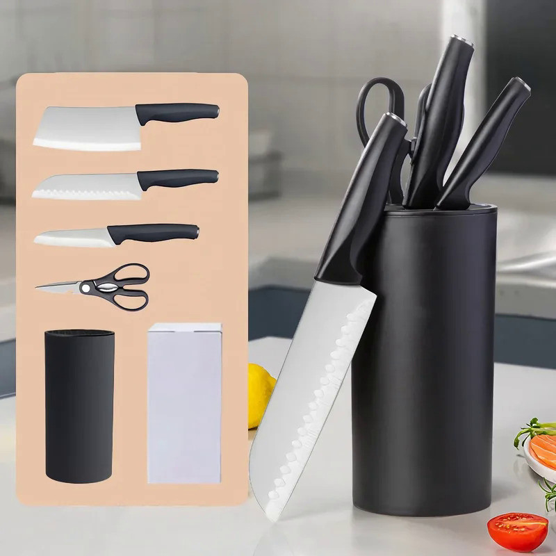 Kitchen Knives Set With Holder Scissorse Chef Knife Cleaver Meat Fish Fruit Steak Knife Plastic Hand