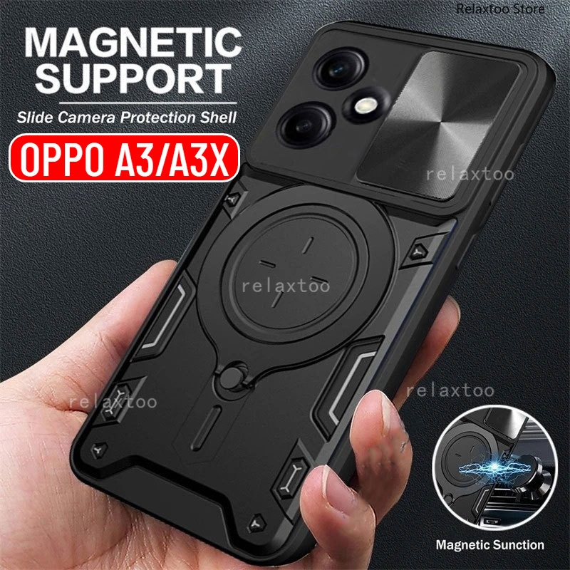 OPPO A3X အတွက် ကားကာကွယ် (กันกระแทก) မျက်နှာပြင်ခဲ Case—မက်ဂျင်နက်စလည်း/လက်စွပ်+ကင်မရာလက်စွပ်နှိပ် (Hard Case) + စထရင်း