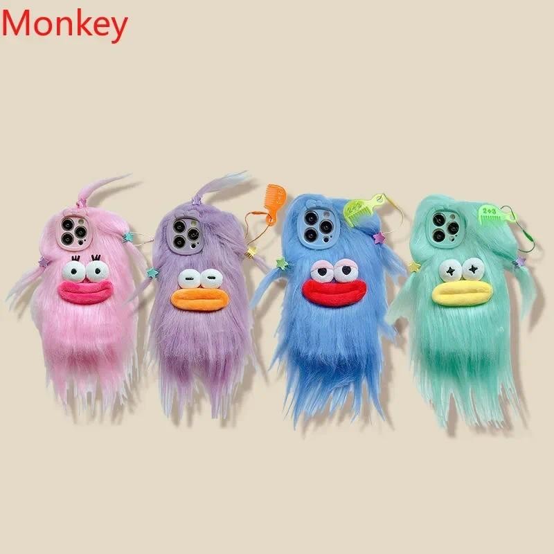 3dเกาหลีตลกfluffy FurสําหรับiPhone 16 Pro Maxกรณี15 Plus 14 13 12 11สาวน่ารักฤดูหนาวที่อบอุ่นปกหลังPlush Soft Shell
