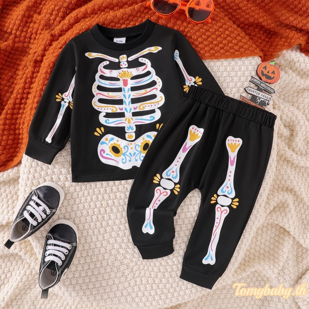 Tomybaby-เด็กทารก 2 ชิ้นฮาโลวีนชุดแขนยาวโครงกระดูกพิมพ์เสื้อ + กางเกงชุด