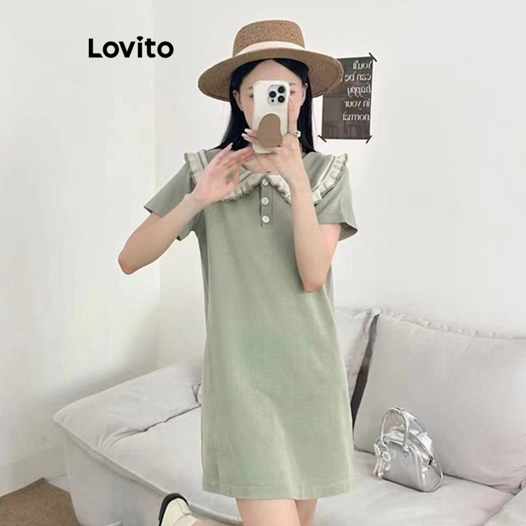 Lovito ชุดเดรสสเวตเตอร์กระดุม สีบล็อกน่ารักสำหรับผู้หญิง LNA79023
