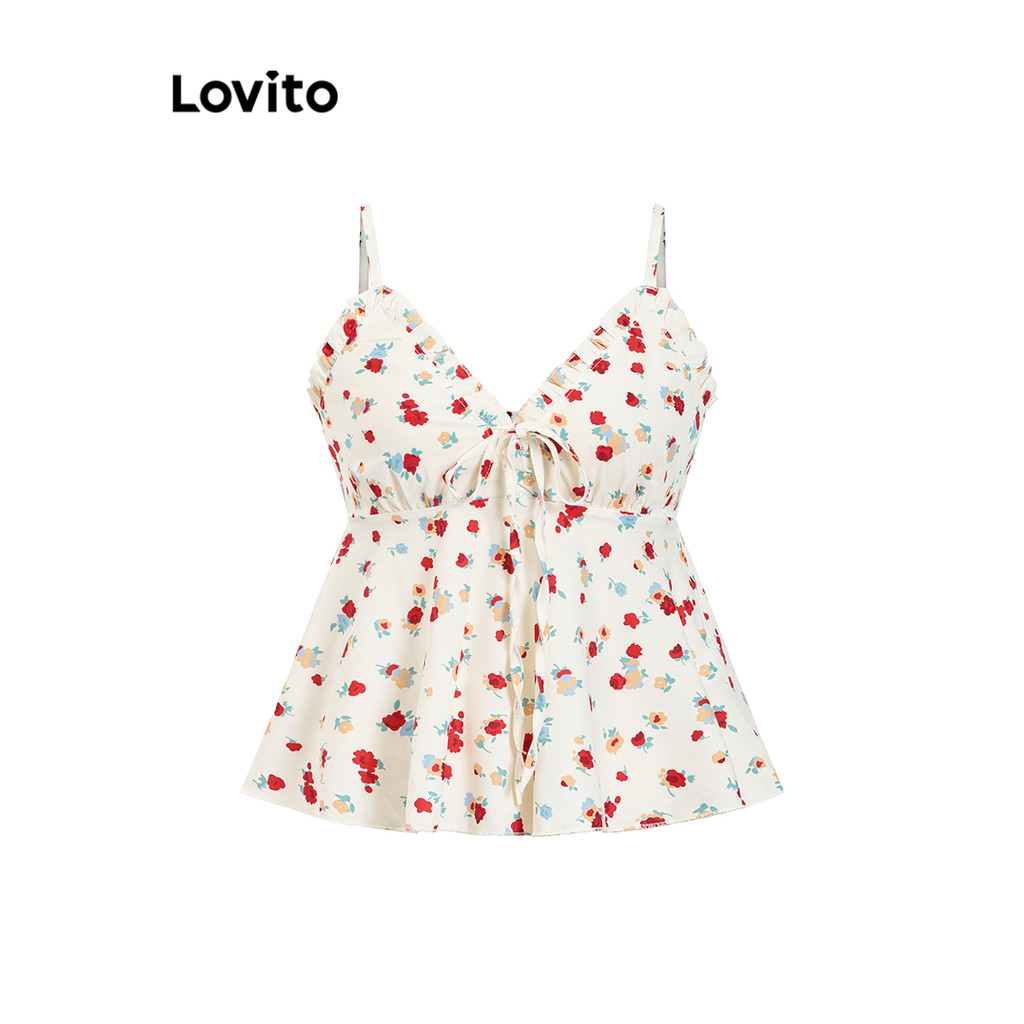 Lovito เสื้อกล้ามลูกไม้ลายดอกไม้ ลายเดซี่แบบสบาย ๆ โบว์ตัดผักกาดหอมสำหรับผู้หญิง 102AD472