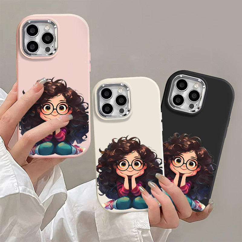 การ์ตูนน่ารัก Curly Haired สาวเคสโทรศัพท์สําหรับ IPhone 15 14 13 12 11 Pro Max XR X/XS Max 16 7/8 Plus หนาซิลิโคนนุ่ม Electroplated สี Matte เคสโทรศัพท์