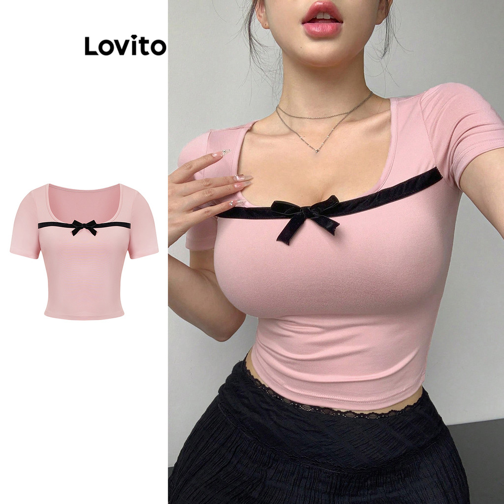 Lovito เสื้อยืดโบว์ธรรมดาสำหรับผู้หญิง L104ED864