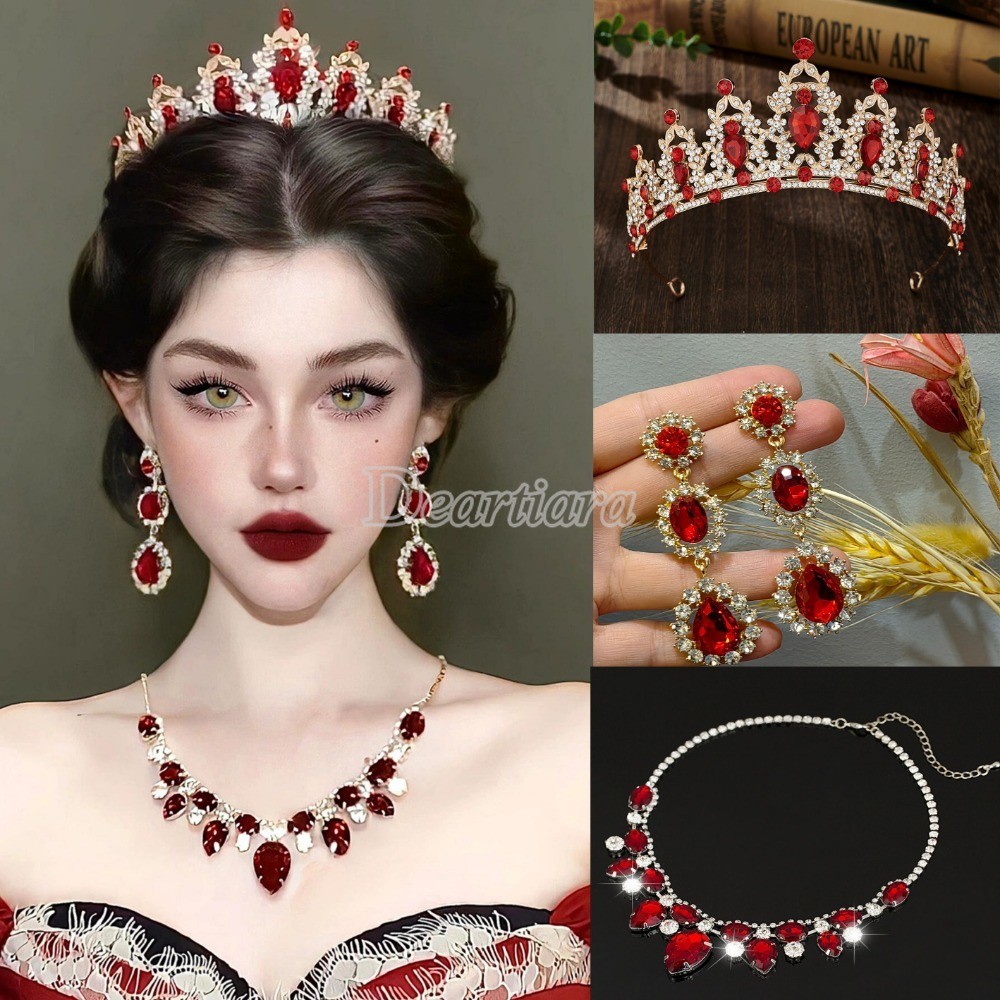ชุดสร้อยคอต่างหูมงกุฎสีแดงแฟชั่นย้อนยุคมงกุฎเจ้าสาวที่คาดผมเทพธิดาระดับไฮเอนด์