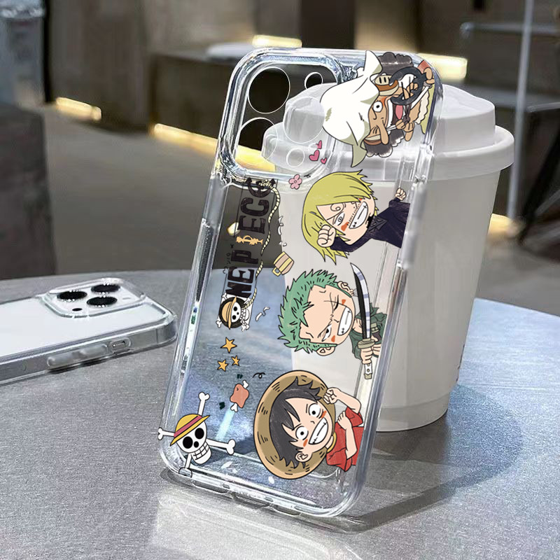 Trasnare Aesthetic Space CaseสําหรับiPhone 16 15 14 12 11 13 Pro Max XR X XS Max 14 15 7 8 Plus SE2 มินิการ์ตูนน่ารัก ONE PIECE Luffyป้องกันกันกระแทกปกอ่อน