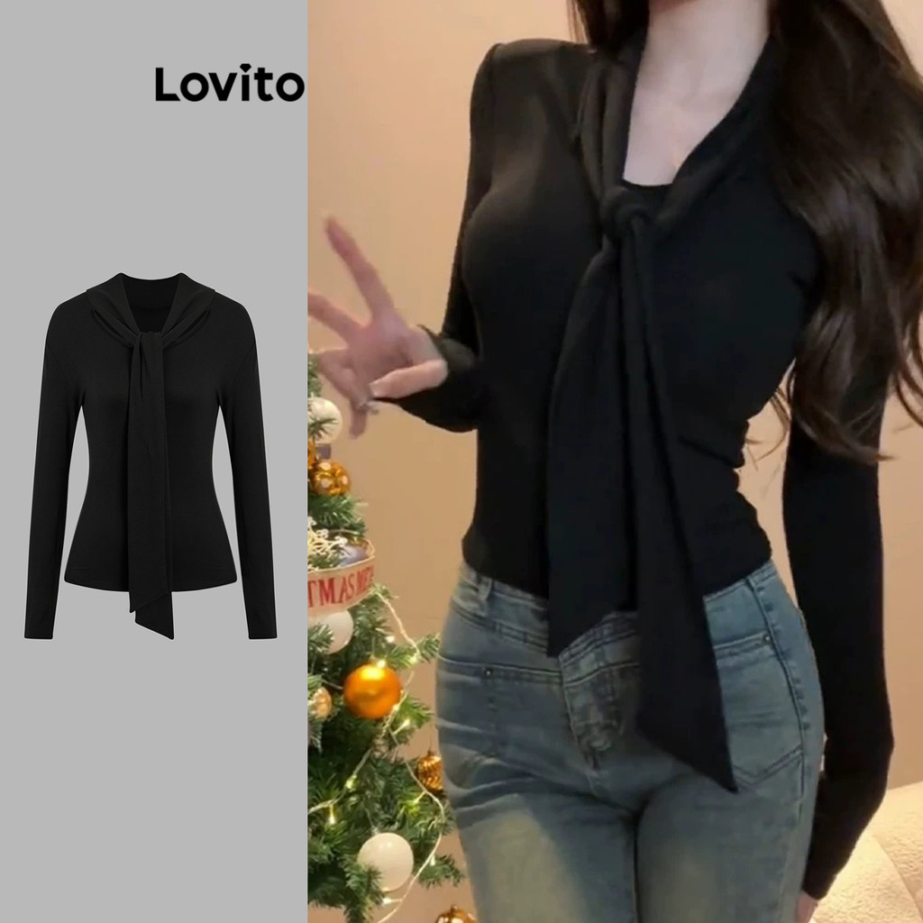 Lovito เสื้อยืดลำลองผูกหน้าสำหรับผู้หญิง L105MD443