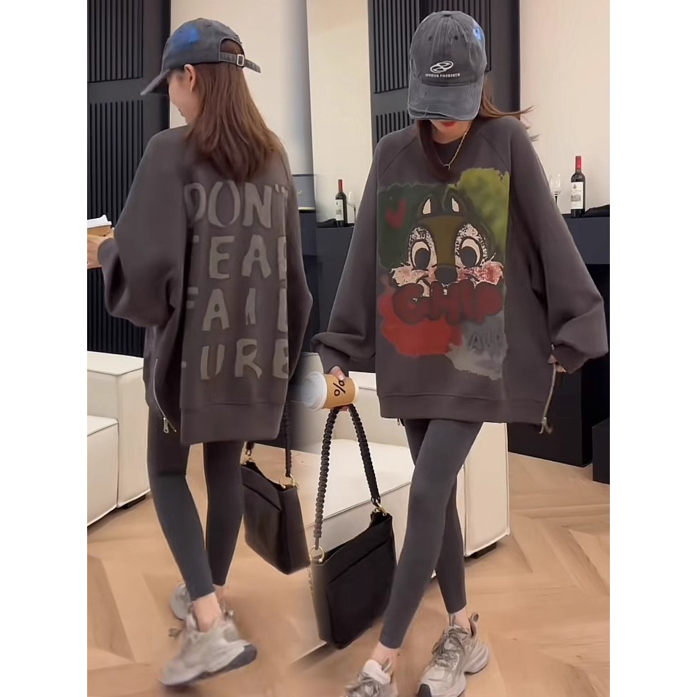 Tops Oversize(40-125kg) ฤดูใบไม้ร่วงแขนยาวการ์ตูนพิมพ์ Plus ขนาดแฟชั่นแยกเสื้อ
