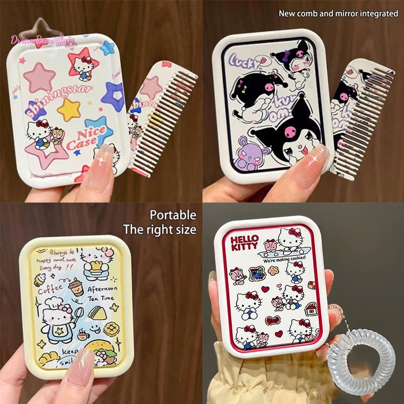 <DBFl> Kawaii Saniro กระจกแต่งหน้า W/หวีแบบพกพา Hello Kitty Kuromi Pochacco พับกระจกเครื่องสําอางผู้หญิงสาวของขวัญใหม่
