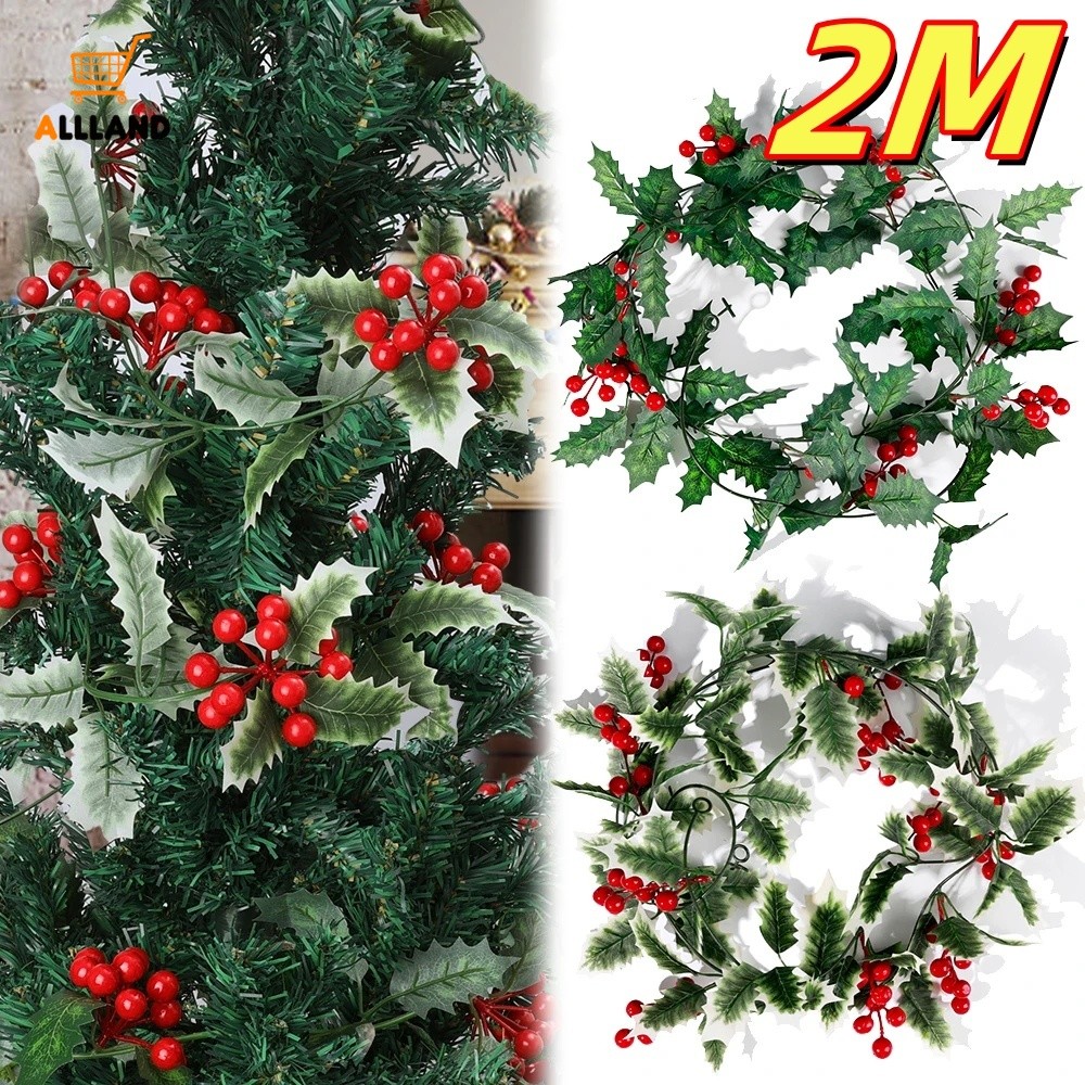 200 ซม.คริสต์มาสจําลอง Red Berry Vine - พืชประดิษฐ์ Vine ใบ Holly - DIY คริสต์มาส Garland เครื่องประดับต้นคริสต์มาส Home Party Decors