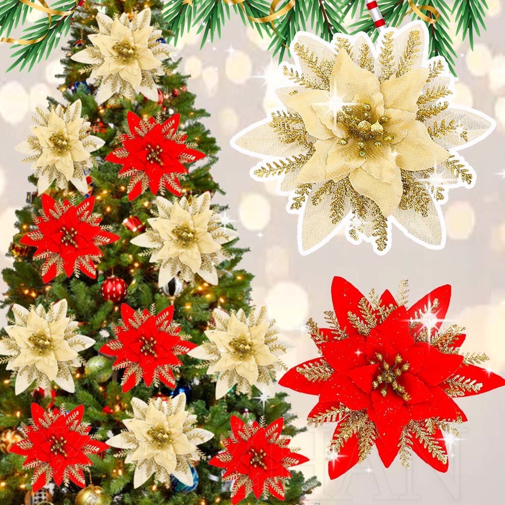 3/6pcs Glitter จําลองคริสต์มาสดอกไม้ - อุปกรณ์พวงมาลัย DIY - ตกแต่งบ้าน - เครื่องประดับต้นคริสต์มาส - ขนาดใหญ่ผงทองดอกไม้ประดิษฐ์ - ปีใหม่อุปกรณ์ปาร์ตี้