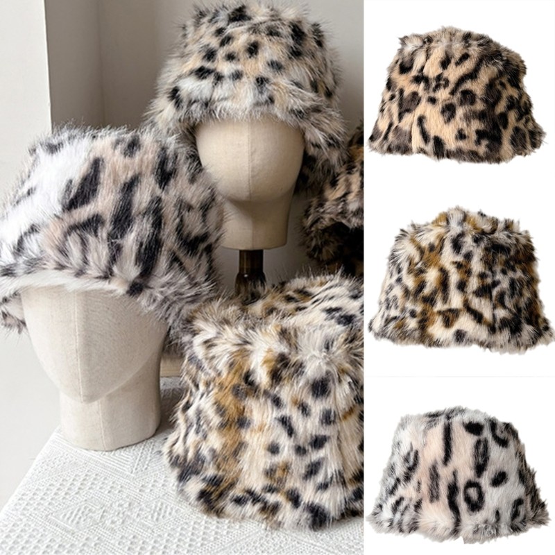 Coonn เสือดาวพิมพ์ Fuzzy Bucket Hat หมวกสบาย Travel Camping หมวกเล่นสกี