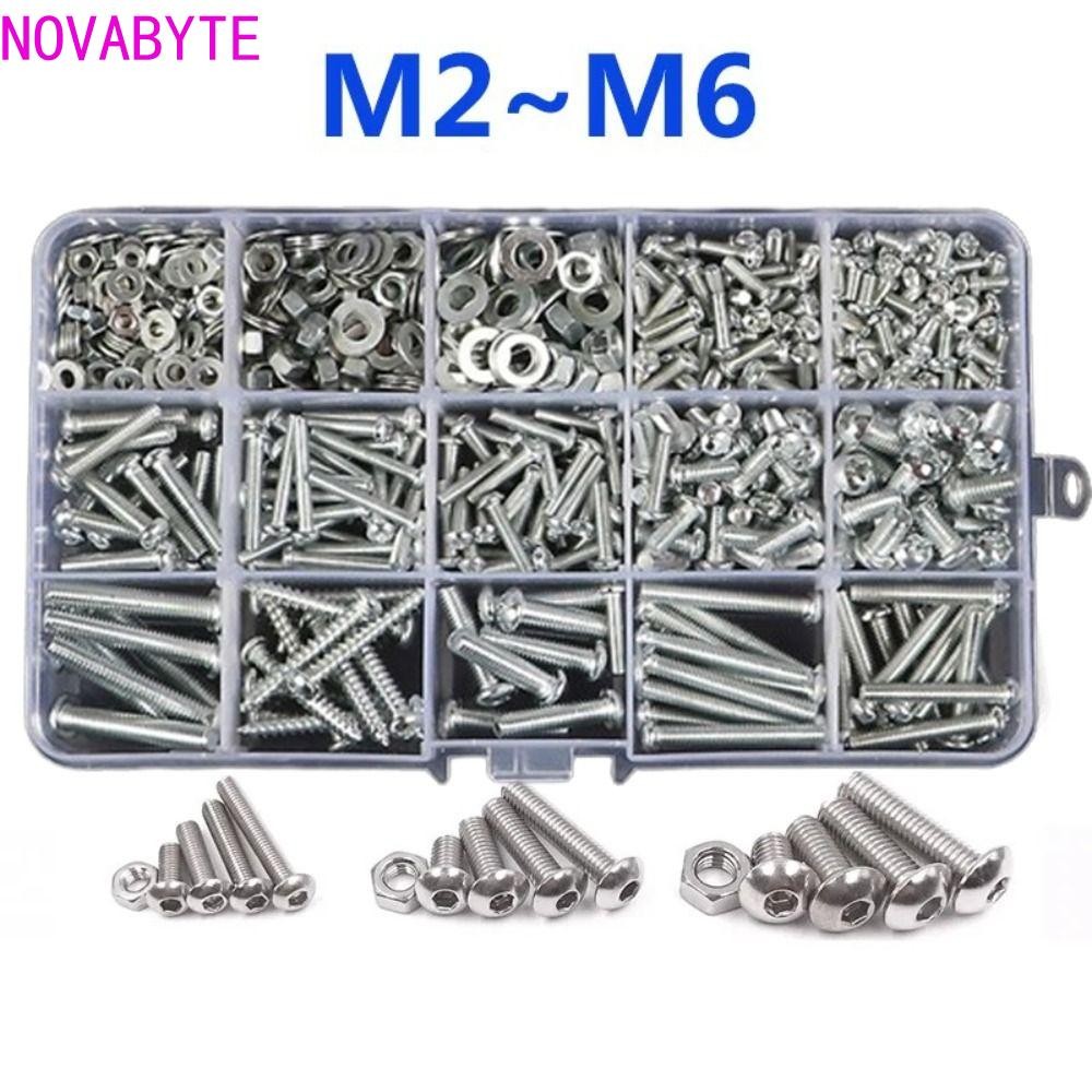 Novabyte ซ็อกเก็ตหัวสกรู Bolt Nut ชุด, ทนทาน M2 M3 M4 M5 M6 สกรูน็อตสลักเกลียวปะเก็นชุด, พร้อมกล่องเก็บหัวกลมทนทานสกรูข้ามสกรู Allen สกรู Bolt Nut ชุดเครื่องซักผ้า