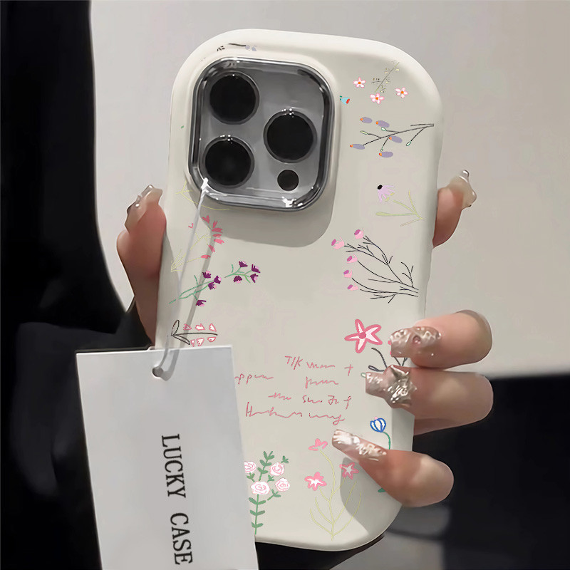 Creative Graffiti ดอกไม้สาขาเคสโทรศัพท์สําหรับ IPhone 15 14 13 12 11 Pro Max Xr X Xs Max 7 8 SE 2020 16 เลนส์โลหะป้องกันกันกระแทกซิลิโคนอ่อนนุ่มปกหลัง