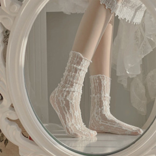 ถุงเท้าข้อกลาง ผ้าตาข่าย แต่งลูกไม้ ลายดอกไม้ สีขาว สไตล์ญี่…