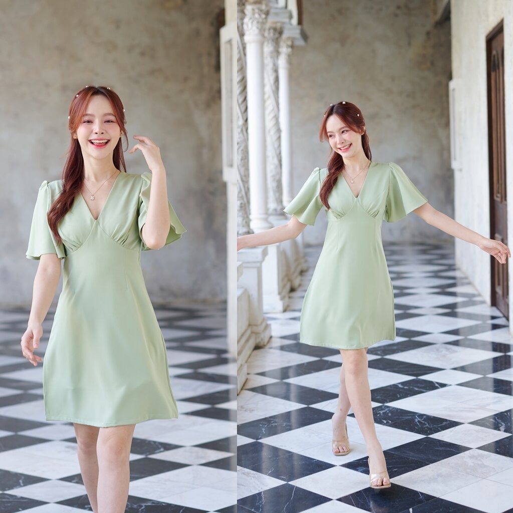 Sassy Flare Dress : สีเขียวมัทฉะ
