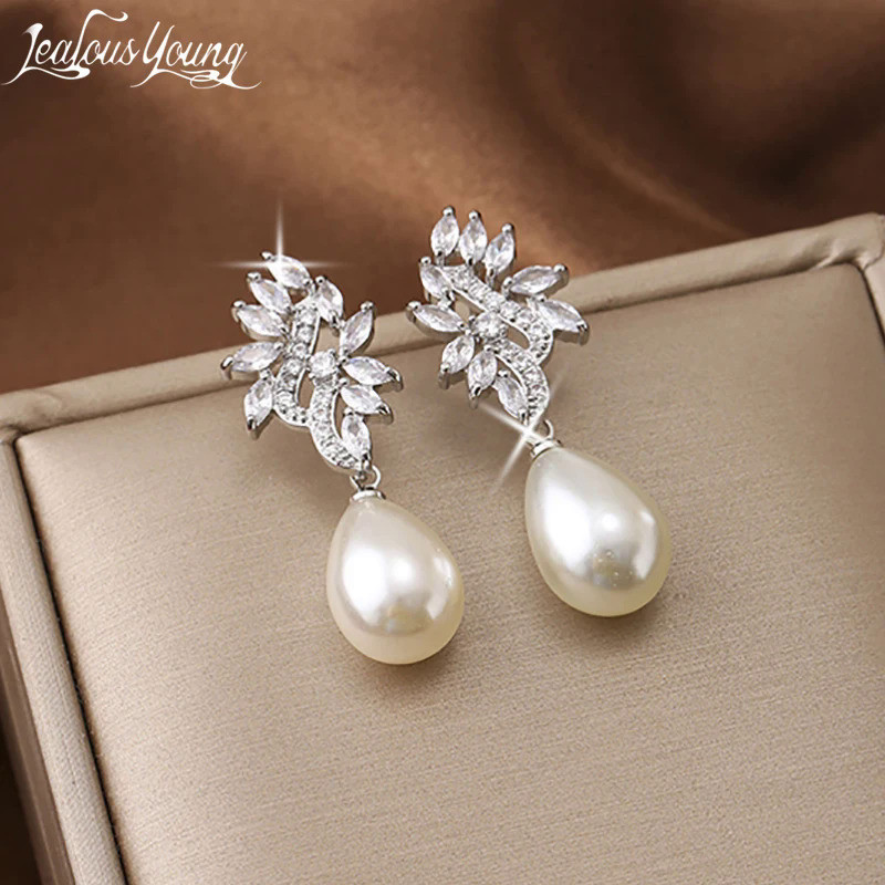 Creative Irregularity White Gold Color Pearl Dangle Earrings for Women with Zirconia Earings Engagem