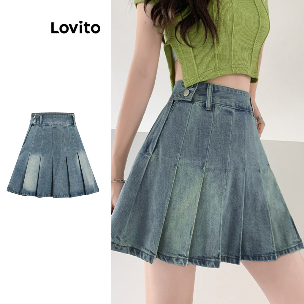 Lovito กระโปรงเดนิมจีบแบบสบาย ๆ สำหรับผู้หญิง L105MD603