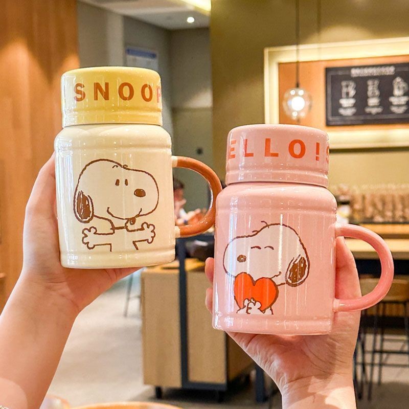 สนูปปี้ ถ้วยเซรามิกแก้วสาวน่ารักพร้อมฝาปิดช้อนคู่ถ้วยกาแฟมูลค่าสูงถ้วยนม