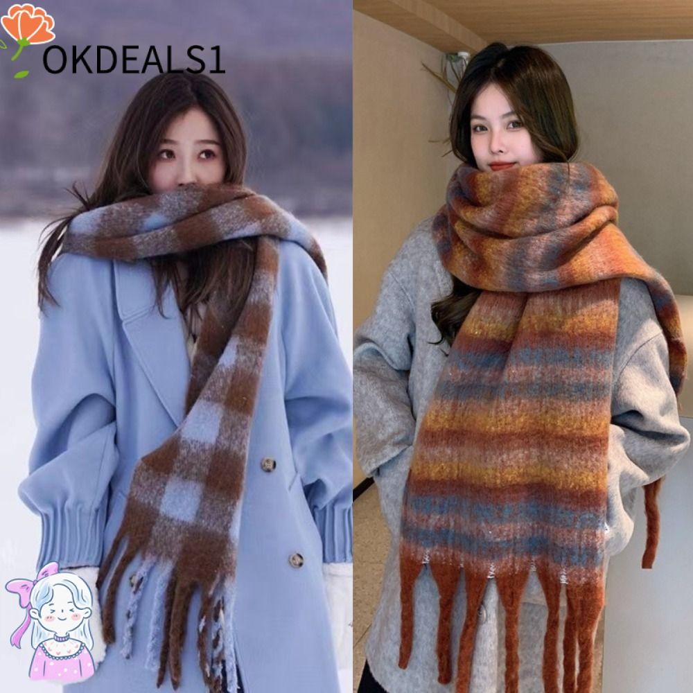 Dealshop ฤดูหนาวผ้าพันคอแคชเมียร์, Warm Stripe รูปแบบผ้าพันคอพู่ยาว, Retro Soft ลายสก๊อต Mohair หนาผ้าคลุมไหล่ห่อผู้หญิง