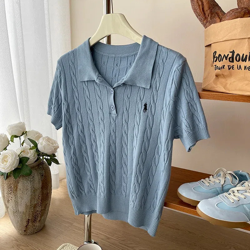 9 สี เสื้อสเวตเตอร์โปโลแขนสั้น + แขนยาวสําหรับผู้หญิงเสื้อถักลําลองด้านบน