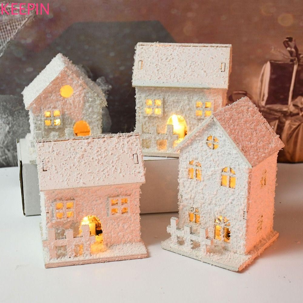 Keepin Christmas LED Light บ้านไม้, สีขาวพร้อมปราสาทเรืองแสงเกล็ดหิมะ, เครื่องประดับ Luminous Mini ปีใหม่