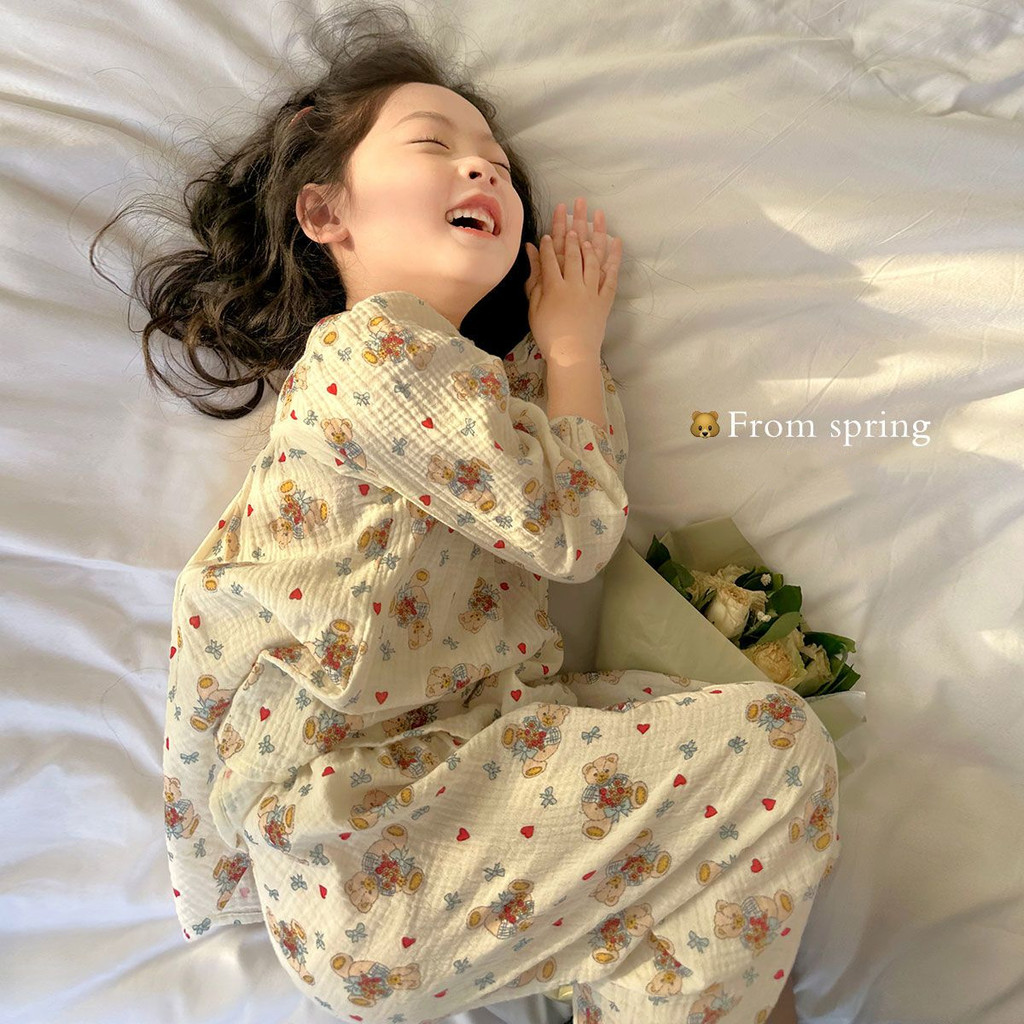 สาวแขนยาวชุดนอนชุดฤดูใบไม้ผลิฤดูใบไม้ร่วงแฟชั่นสไตล์ใหม่เวอร์ชั่นเกาหลีผ้าฝ้ายแท้นุ่มสบายระบายอากาศการ์ตูนหมีพิมพ์ ชุดลําลอง สอง-