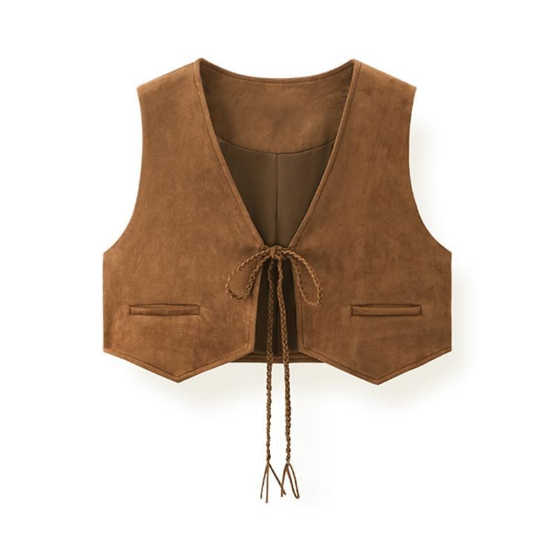 2024ใหม่ฤดูใบไม้ร่วงและฤดูหนาวสีกาแฟย้อนยุคลูกไม้ขึ้นคอวีเสื้อกั๊กผู้หญิงเสื้อคาร์ดิแกนหนังกลับแบบสั้นทับซ้อนกัน