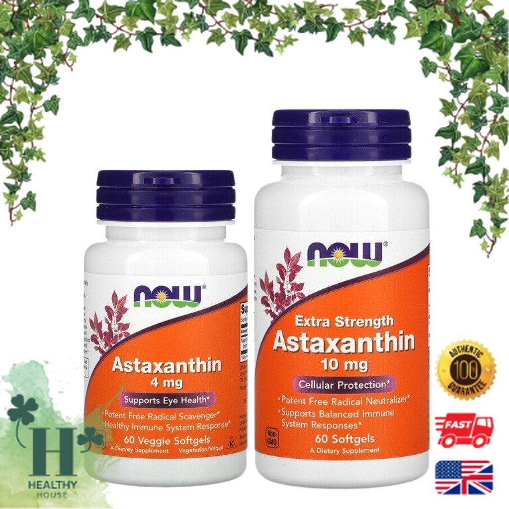 พร้อมส่ง NOW Foods Astaxanthin 4 mg 10 mg วิตามินต้านอนุมูลอิสระ บำรุงผิวสวย บำรุงสายตา 60 Softgels
