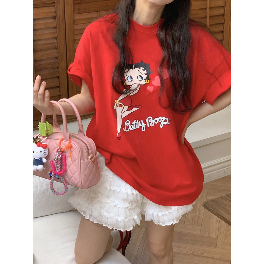 (จัดส่งตลอด 24 ชั่วโมง）OOOK Official เสื้อยืดแขนสั้นสำหรับผู้หญิง. มีการพิมพ์ลายของ Betty. สไตล์หลวม.