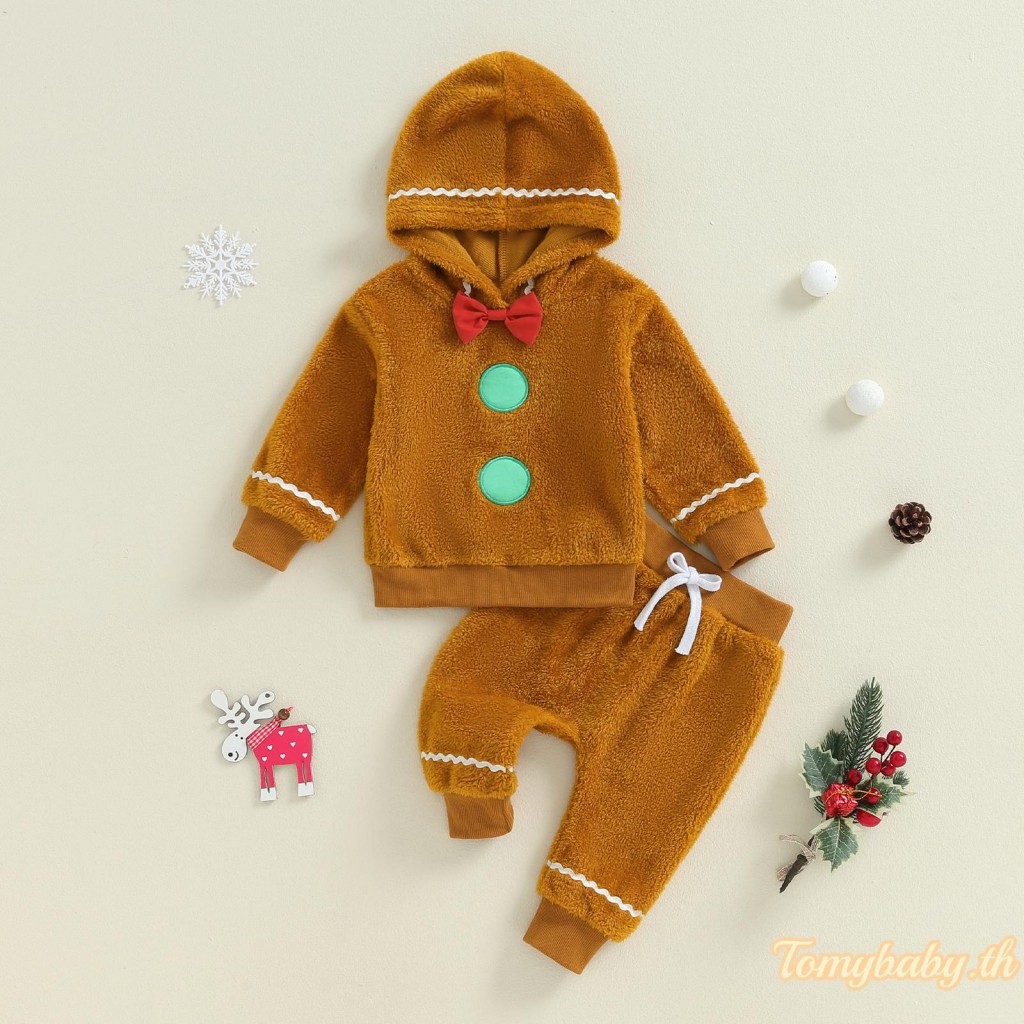 Tomybaby-ชุดคริสต์มาสสำหรับเด็ก ลายขนมปังขิง แขนยาว มีฮู้ด สเวตเตอร์ + กางเกงยางยืด