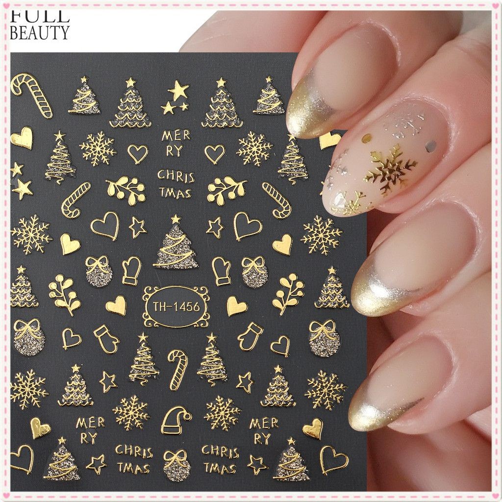 Nail Art Christmas Fine Glitter Nail Sticker Golden Snowflake Snowman Christmas Tree Decal Nail Decoration Manicure Tool For Nail Shop JOYFEEL