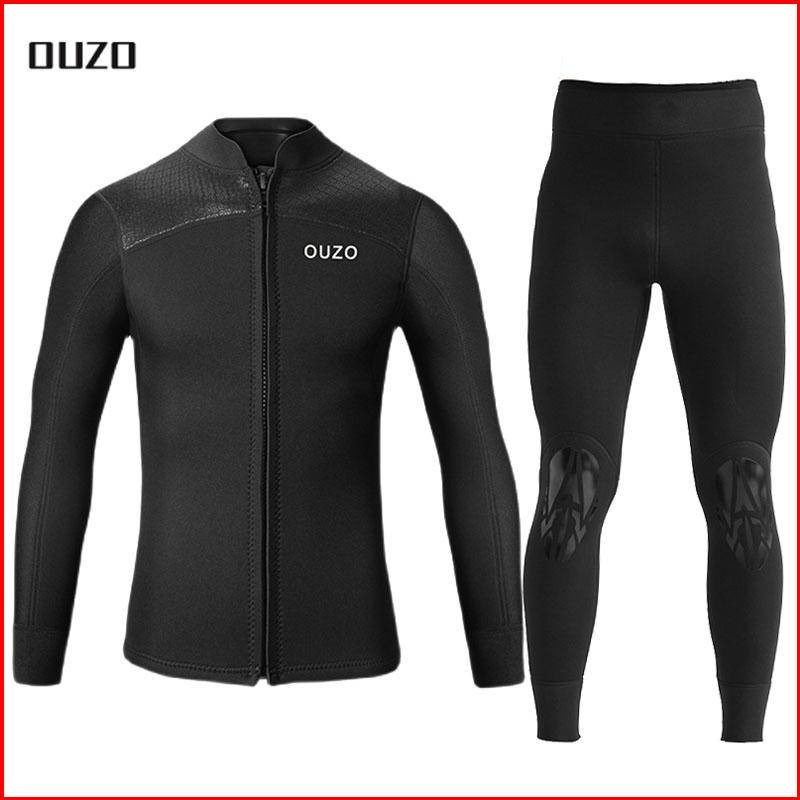 พร้อมสต็อก OUZO 3 มม.ดําน้ํากางเกงดําน้ําผู้ชาย Neoprene สองชิ้นยืดหยุ่นสูงอบอุ่นด้านหน้าตรงเปิด ykk ซิป Neckline/Cuffs/Trousers เอว/Trousers cr Light หนังดําน้ํา