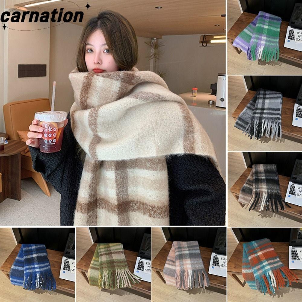 Carnation ผ้าพันคอ Mohair ฤดูหนาว, ผ้าพันคอพู่ยาวกันลมนุ่ม, สีสายรุ้งหนาถักอุ่นผ้าคลุมไหล่ห่อ Woemn