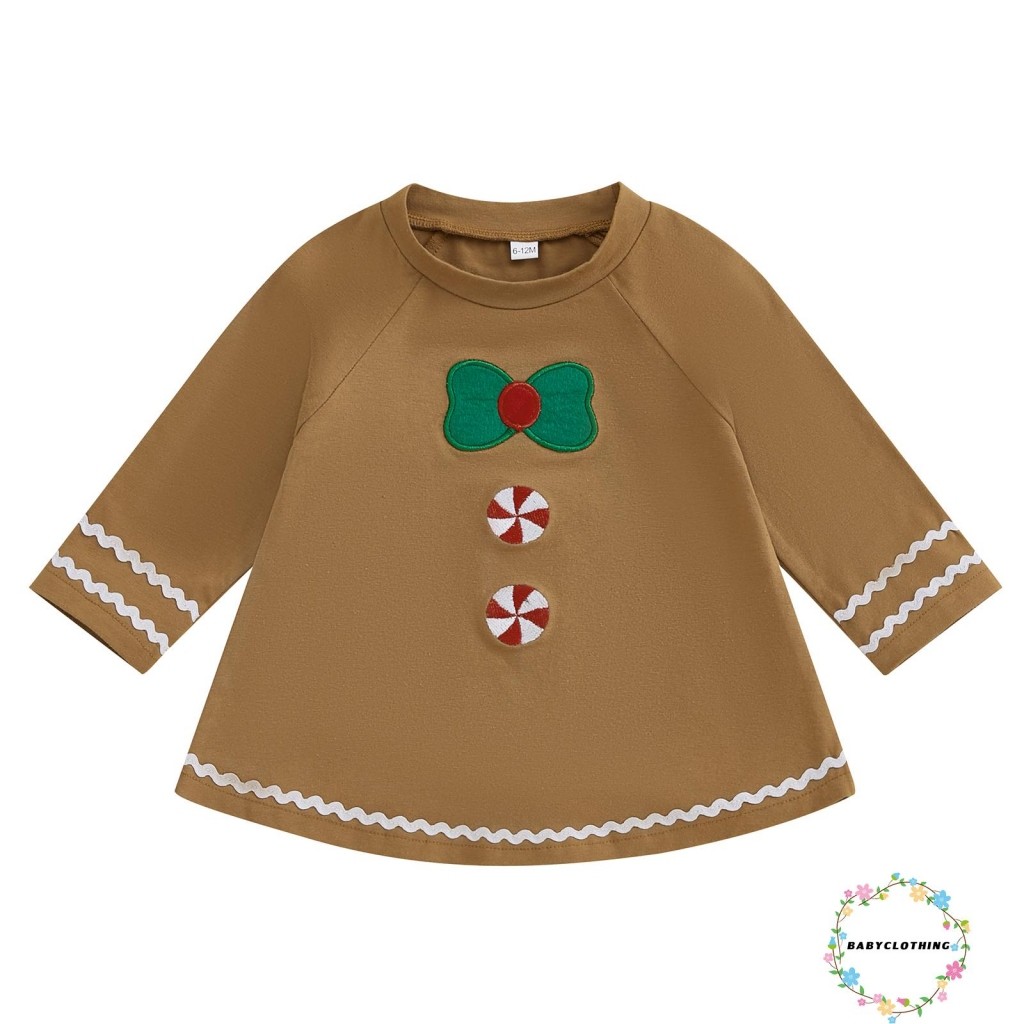 เสื้อผ้าเด็ก-เด็กวัยหัดเดินสาวชุดคริสต์มาส Gingerbread Man แขนยาวลูกเรือคอ A-Line เสื้อยืดชุด
