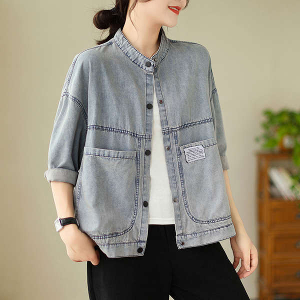 การค้าต่างประเทศอิตาเลี่ยน Tail Order Denim แจ็คเก็ตสั้นผู้หญิงฤดูใบไม้ผลิฤดูใบไม้ร่วง All-Match Design Niche เครื่องมือแจ็คเก็ตอินเทรนด์