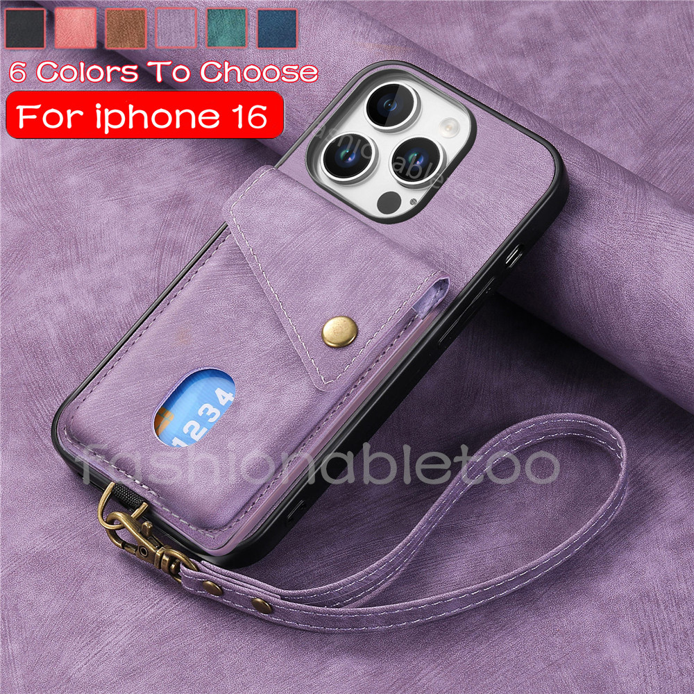 Matte หนังเคสโทรศัพท์สําหรับ iphone 13 14 15 16 pro max 16promax 16 PLUS 15promax 14promax 13pro 1 6 ช่องใส่การ์ดกระเป๋าสตางค์วงเล็บปลอกแม่เหล็กพร้อมเชือกเส้นเล็กกันกระแทกปกหลัง