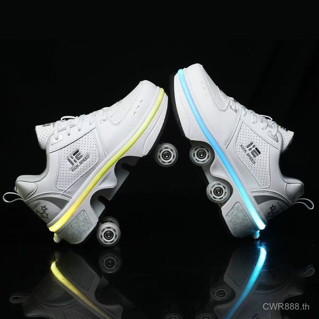 Kick Roller Skate Shoes - Four-Wheel Convertible Adult Skates สําหรับผู้ชายและผู้หญิง 4RVJ