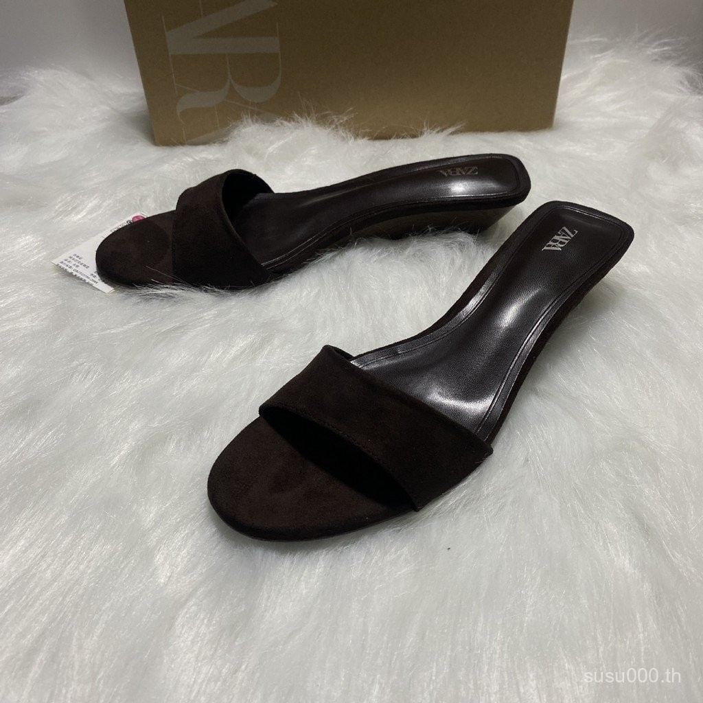 zara  2025 รองเท้าแตะแฟชันสีดำสีน้ำตาล วีแกงฮีล หนังแท้สำหรับผู้หญิง สวมใส่ด้านนอกในฤดูร้อน