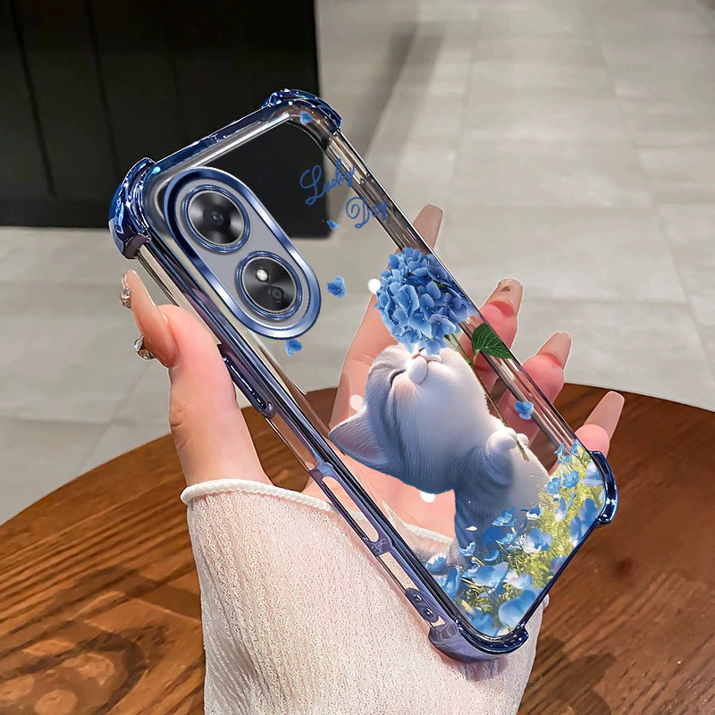 สําหรับ OPPO A17 A18 A38 4G A97 เคสโทรศัพท์ดอกไม้แมวสี่มุมซิลิโคน TPU โปร่งใสนุ่ม XH007