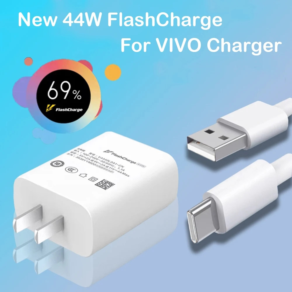 Original 44W Vivo Fast Charger EU/US FlashCharge 2.0 อะแดปเตอร์ 1M USB Type C สําหรับ X70 X60 S12 S1