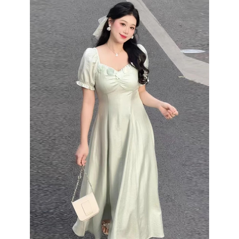 【M-4XL】 เดรสยาววินเทจสีเขียวมิ้นท์ เดรสคอเหลี่ยมแต่งดอกไม้ สวยหวาน ชุดเดรสทรง A-line พลัสไซซ์