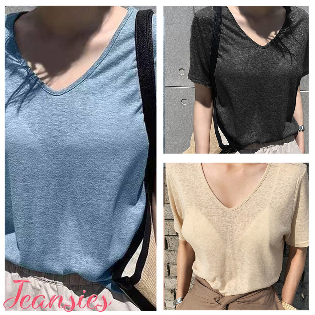 เสื้อคอวี ผู้หญิง ผ้าซีทรู บางเบาไม่อับ