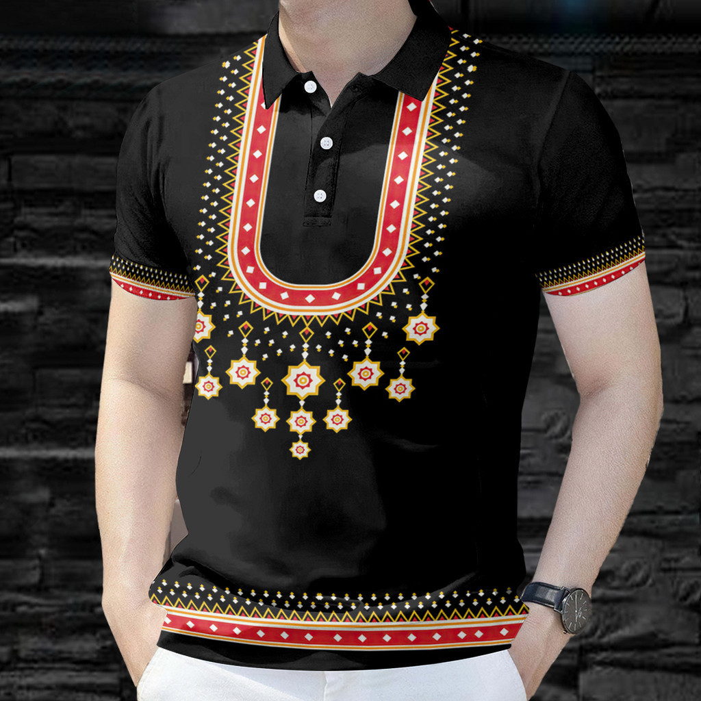 เสื้อโปโลแขนสั้นผู้ชาย สไตล์ Barong Tagalog ลาย Bohemian แบบดั้งเดิม