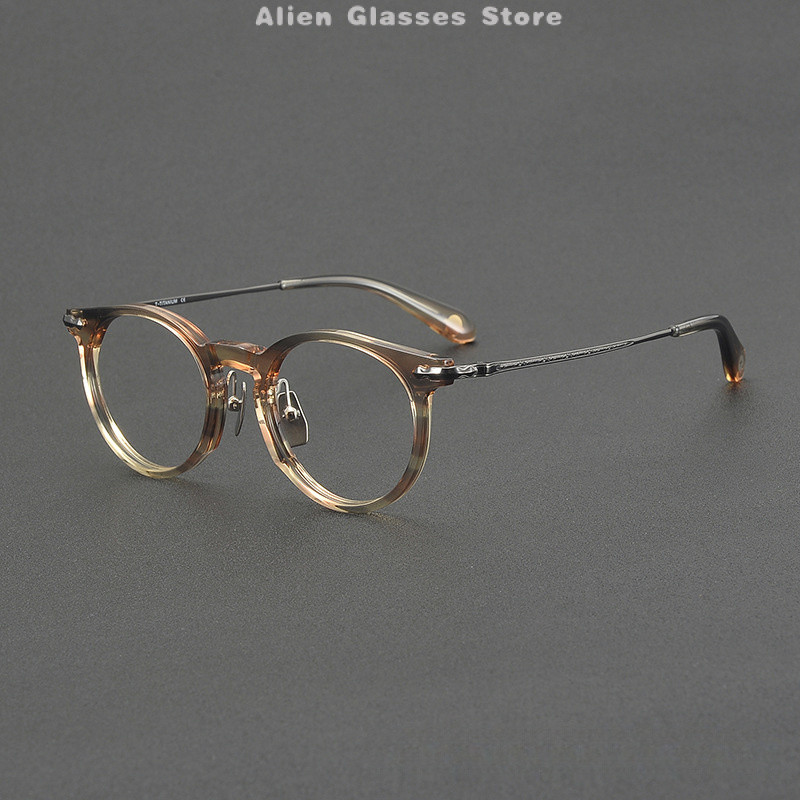 กรอบแว่นตา Designer ทำจาก Pure Titanium และ Acetate สไตล์เรโทร รูปไข่ Unisex คุณภาพสูงจากญี่ปุ่น